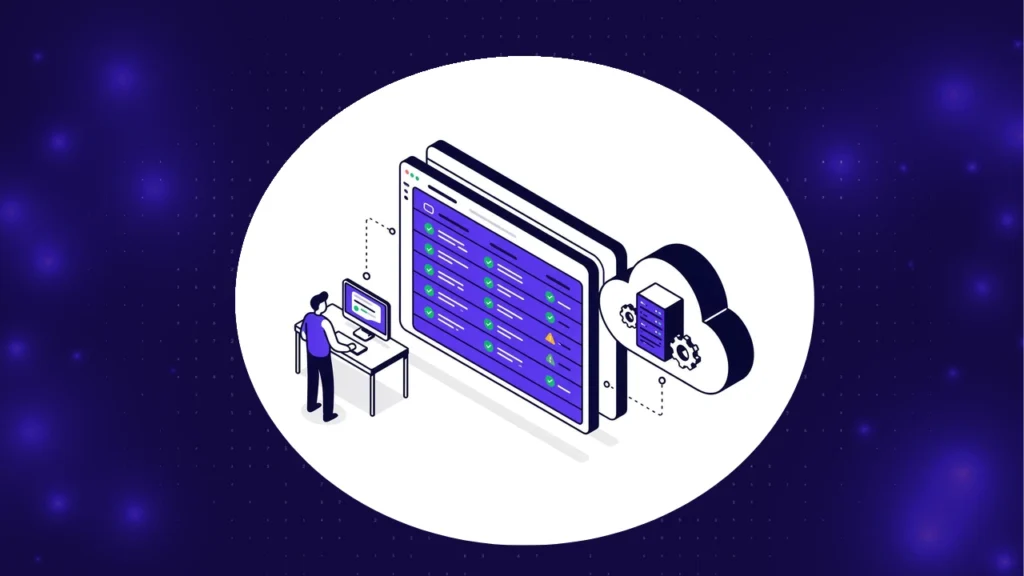 QA testing as a service: an in house tester at a desk connected to a test results dashboard and an external cloud testing service with a server rack